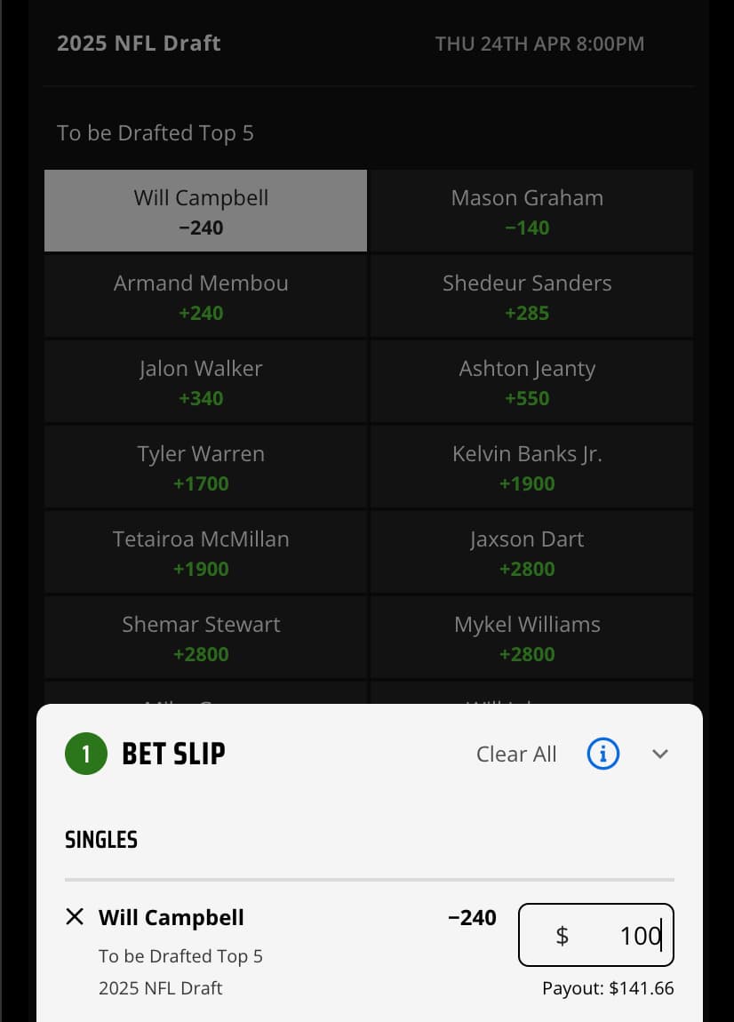 NFL Draft bet on Will Campbell going in the top five picks.